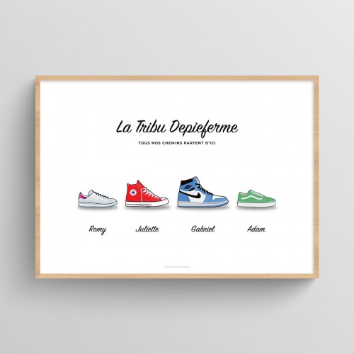 Affiche personnalisée famille chaussures sneakers multi-marques Blanc Typo Feutre JPG (fichier à imprimer soi-même)