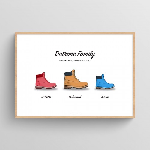 Affiche famille personnalisée chaussures sneakers Timberland Blanc Typo Feutre JPG (fichier à imprimer soi-même) - Poster personnalisable sur mesure