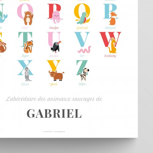 Affiche personnalisée abécédaire animaux sauvages alignés Multi-couleurs Typo Classique JPG (fichier à imprimer soi-même) - Poster personnalisable sur mesure