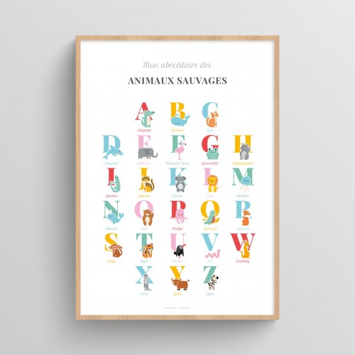 Affiche abécédaire animaux sauvages alignés Multi-couleurs Typo Classique JPG (fichier à imprimer soi-même)