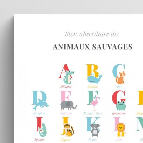 Affiche abécédaire animaux sauvages alignés Multi-couleurs Typo Classique JPG (fichier à imprimer soi-même)