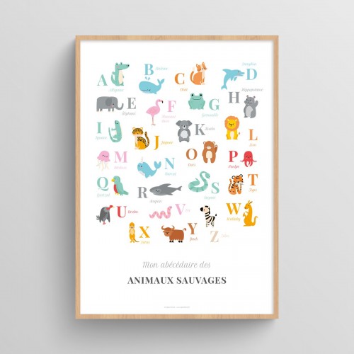 Affiche abécédaire animaux sauvages décalés Multi-couleurs Typo Classique JPG (fichier à imprimer soi-même)