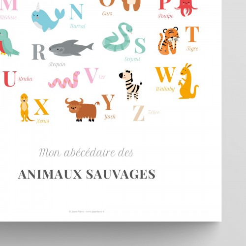 Affiche abécédaire animaux sauvages décalés Multi-couleurs Typo Classique JPG (fichier à imprimer soi-même)