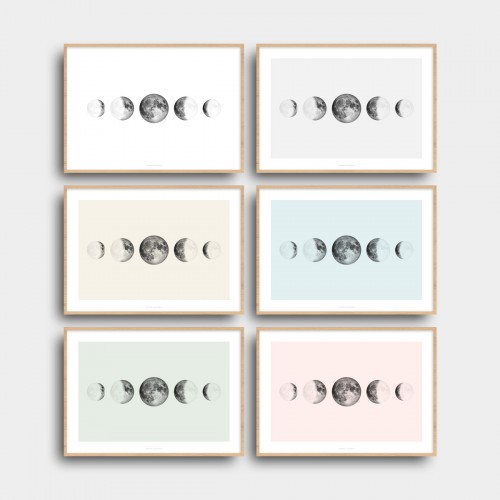 Affiche 5 phases de lune en ligne horizontale Blanc JPG (fichier à imprimer soi-même)