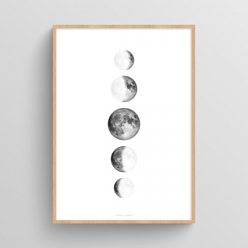 Affiche 5 phases de lune Noir et Blanc en ligne verticale Blanc JPG (fichier à imprimer soi-même) - Poster personnalisable sur mesure