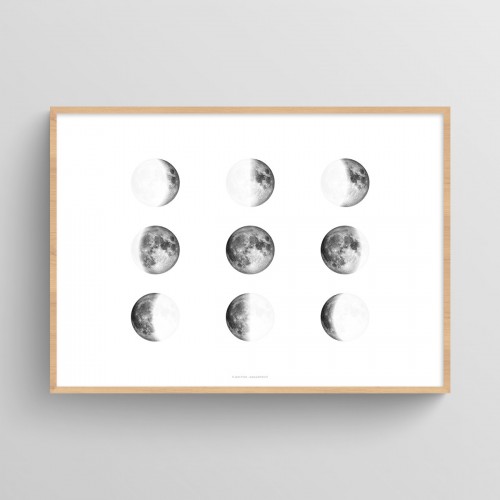 Affiche 9 phases de lune horizontale Blanc JPG (fichier à imprimer soi-même)