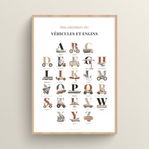 Affiche abécédaire véhicules et engins alignés Terracotta et Beige crème Typo Classique JPG (fichier à imprimer soi-même)