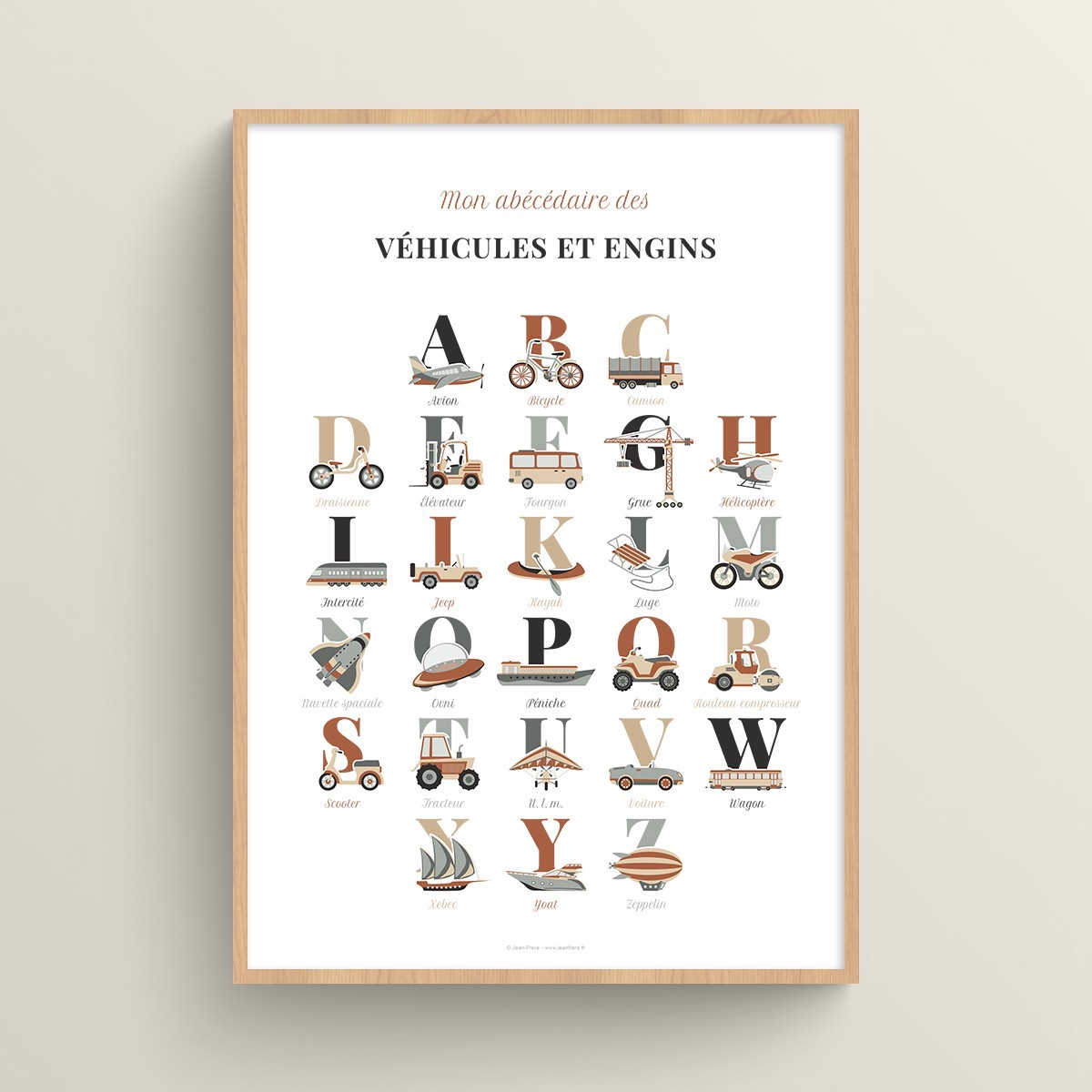 Affiche abécédaire véhicules et engins alignés Terracotta et Beige crème Typo Classique JPG (fichier à imprimer soi-même)