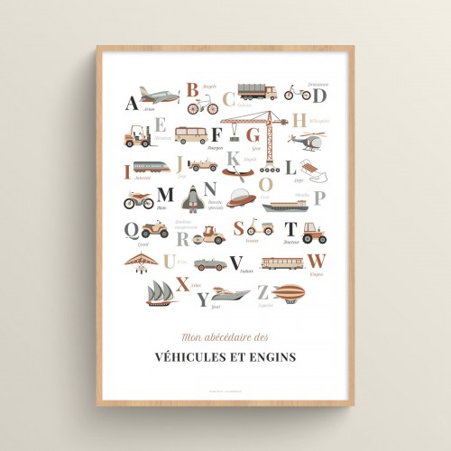 Affiche abécédaire de véhicules et engins décalés Terracotta et Beige crème Typo Classique JPG (fichier à imprimer soi-même)