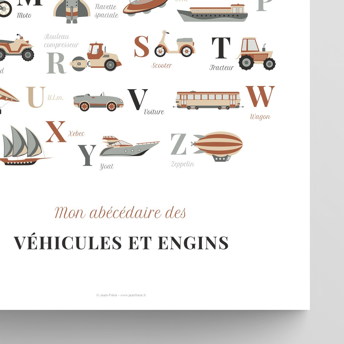 Affiche abécédaire de véhicules et engins décalés Terracotta et Beige crème Typo Classique JPG (fichier à imprimer soi-même)