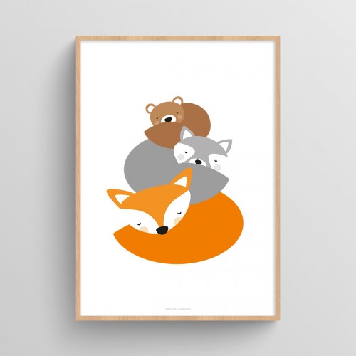 Affiche animaux chambre bébé : ourson, chaton et renard Blanc JPG (fichier à imprimer soi-même) - Poster personnalisable sur mesure