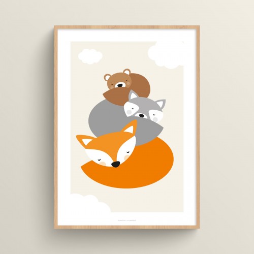 Affiche animaux chambre bébé : ourson, chaton et renard