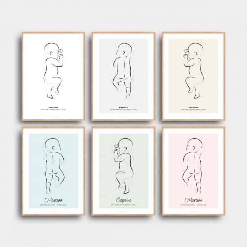 Affiche naissance bébé personnalisée dessin au pinceau Blanc Typo Moderne JPG (fichier à imprimer soi-même) - Poster personnalisable sur mesure