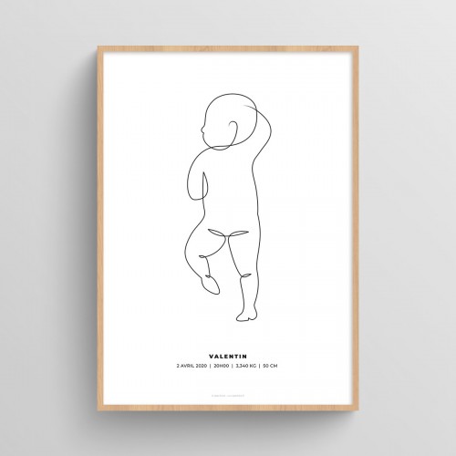 Affiche naissance bébé personnalisé dessin au trait continu Blanc Typo Moderne JPG (fichier à imprimer soi-même) - Poster personnalisable sur mesure