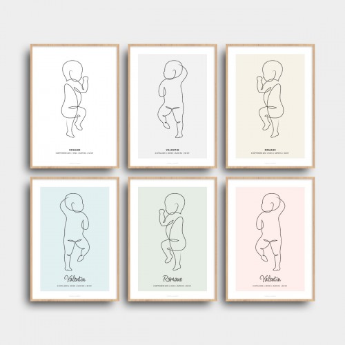 Affiche naissance bébé personnalisé dessin au trait continu Blanc Typo Moderne JPG (fichier à imprimer soi-même)