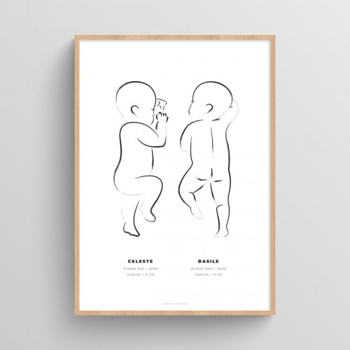 Affiche naissance jumeaux personnalisée dessin bébés au pinceau