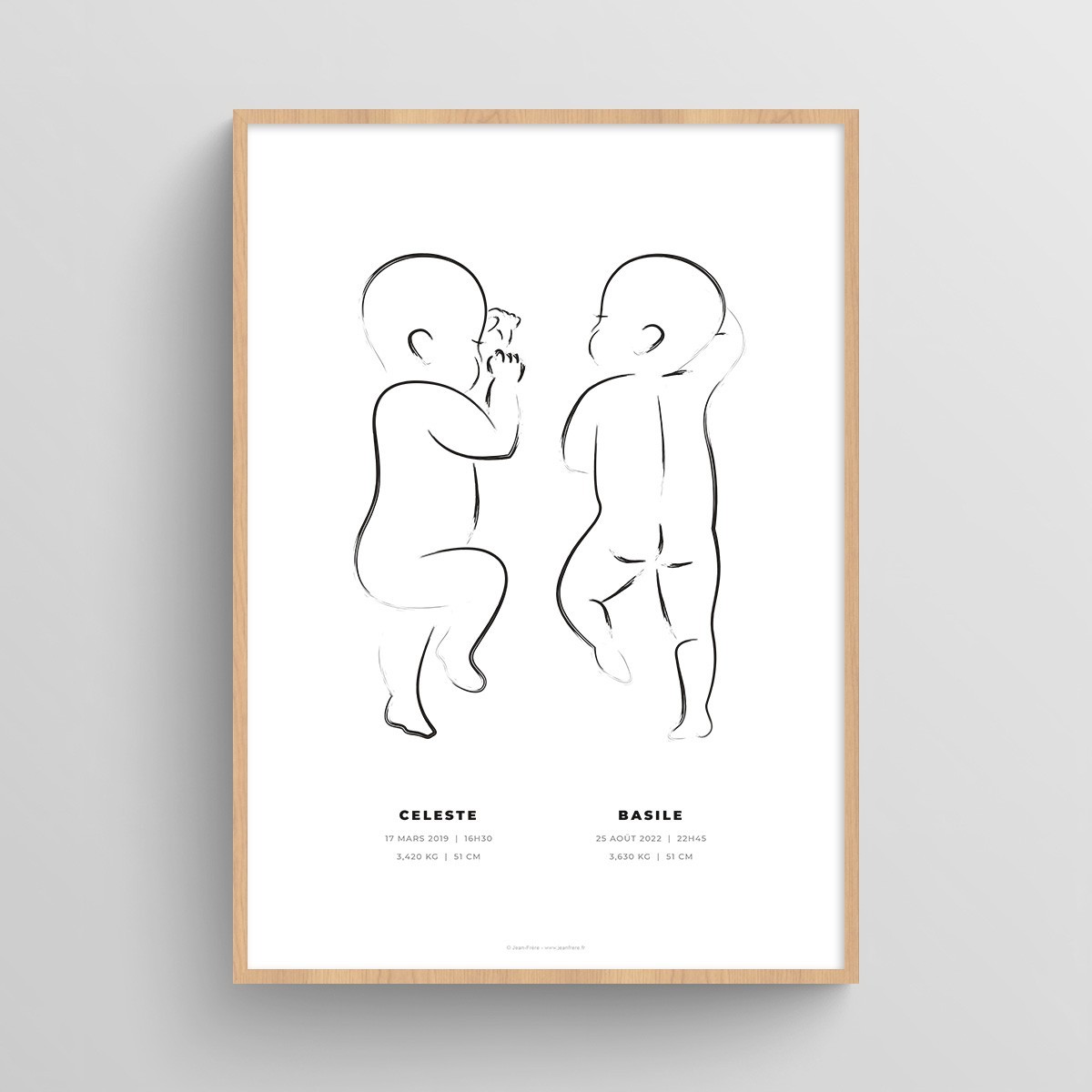 Affiche naissance jumeaux personnalisée dessin bébés au pinceau Blanc Typo Moderne JPG (fichier à imprimer soi-même)