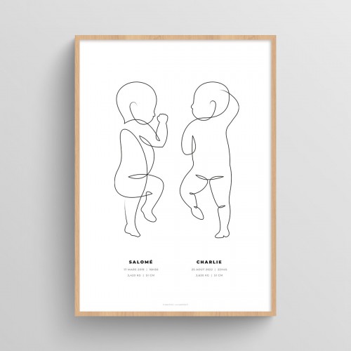 Affiche naissance jumeaux personnalisée dessin au trait continu Blanc Typo Moderne JPG (fichier à imprimer soi-même)