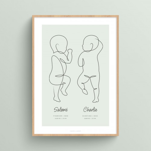 Affiche naissance jumeaux personnalisée dessin au trait continu