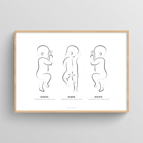 Affiche naissance triplés personnalisée dessin bébés au pinceau