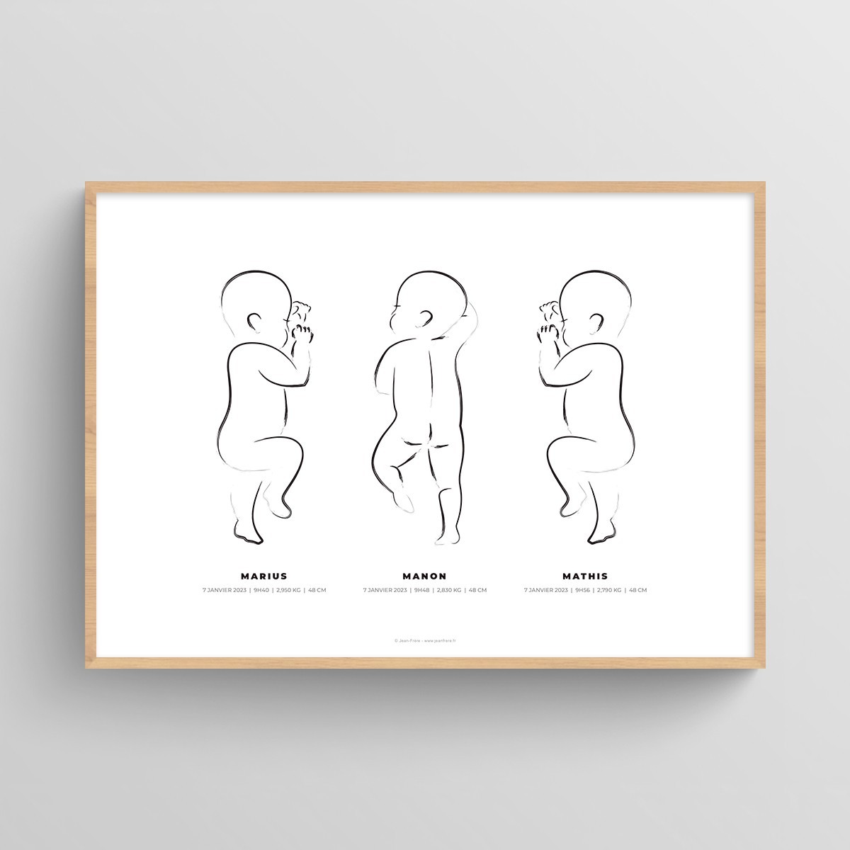 Affiche naissance triplés personnalisée dessin bébés au pinceau Blanc Typo Moderne JPG (fichier à imprimer soi-même)