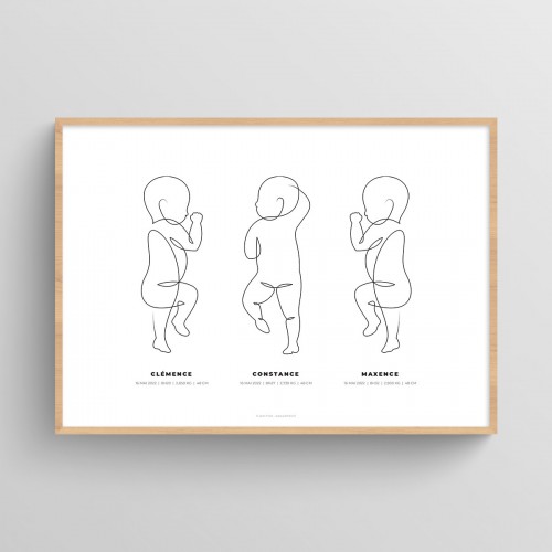 Affiche naissance triplés personnalisée dessin bébé ligne continue Blanc Typo Moderne JPG (fichier à imprimer soi-même)