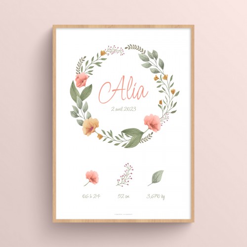 Affiche naissance personnalisable à imprimer couronne florale et prénom bébé