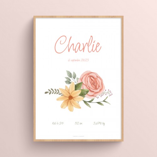 Affiche naissance à imprimer prénom personnalisé et bouquet de fleurs Rose chair et Vert sauge JPG (fichier à imprimer soi-même)