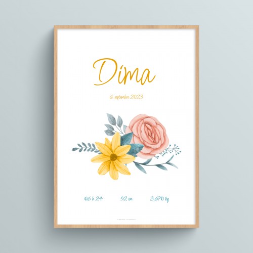 Affiche naissance à imprimer prénom personnalisé et bouquet de fleurs