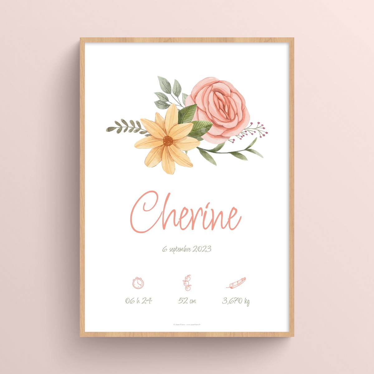 Affiche naissance à personnaliser et imprimer avec prénom et bouquet floral Rose chair et Vert sauge JPG (fichier à imprimer soi-même)