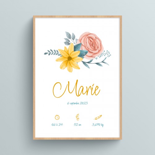 Affiche naissance à personnaliser et imprimer avec prénom et bouquet floral