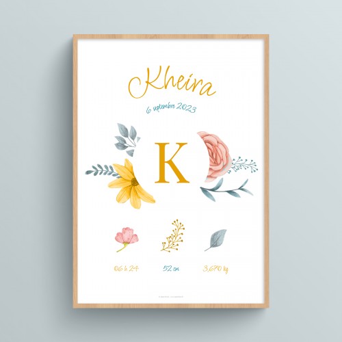 Affiche naissance personnalisée prénom initiale bébé bouquet de fleurs