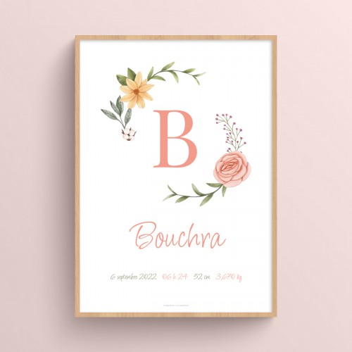 Affiche naissance à imprimer et personnaliser prénom initiale bébé fleurs Rose chair et Vert sauge JPG (fichier à imprimer soi-même) - Poster personnalisable sur mesure