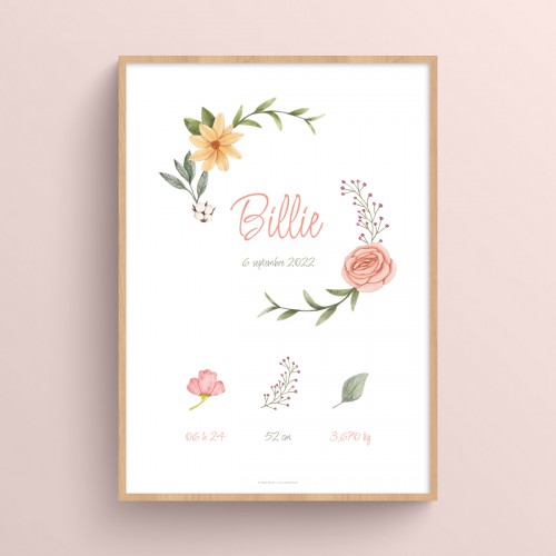 Affiche naissance imprimable et personnalisable prénom bébé et fleurs Rose chair et Vert sauge JPG (fichier à imprimer soi-même)