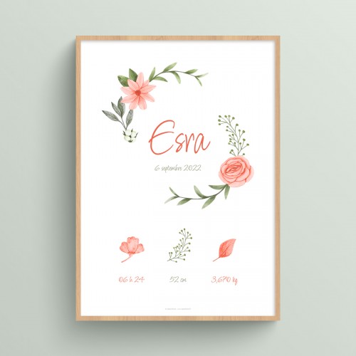 Affiche naissance imprimable et personnalisable prénom bébé et fleurs