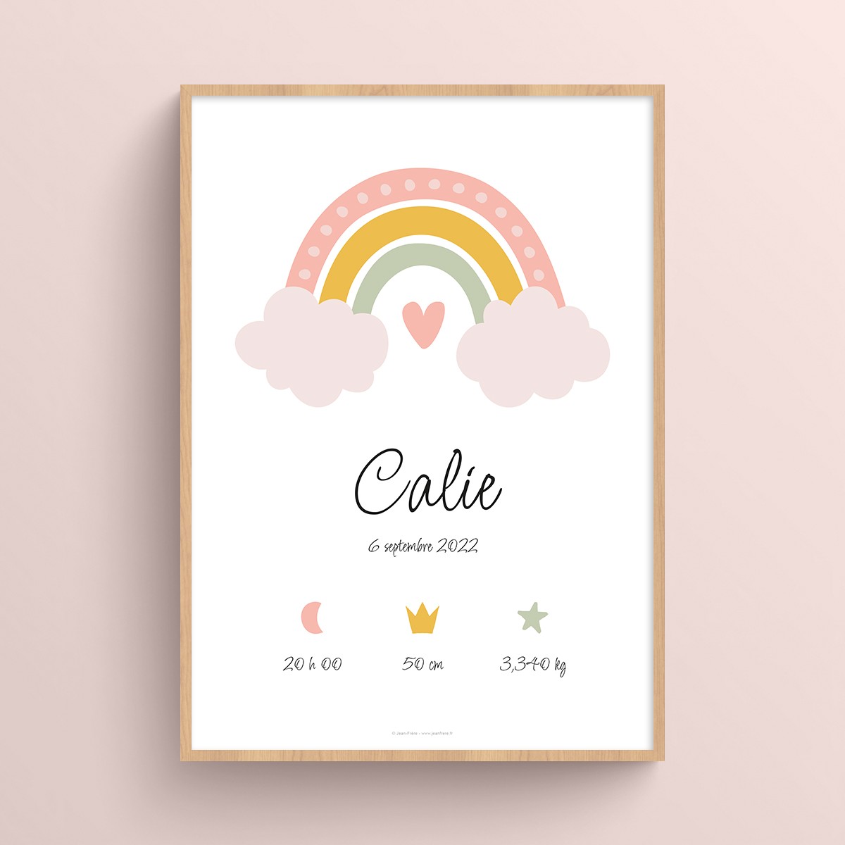 Affiche naissance Arc-en-ciel et nuages avec prénom à imprimer Rose chair JPG (fichier à imprimer soi-même)