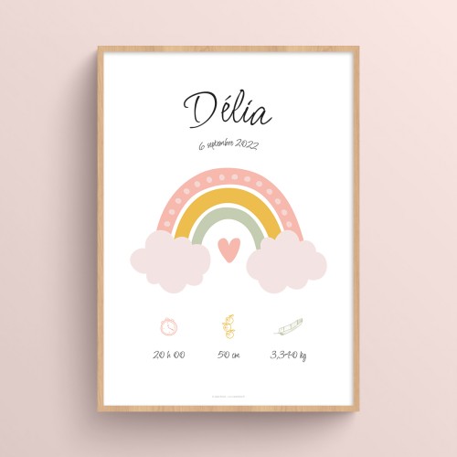 Affiche Arc-en-ciel de naissance à personnaliser et imprimer avec prénom Rose chair JPG (fichier à imprimer soi-même)