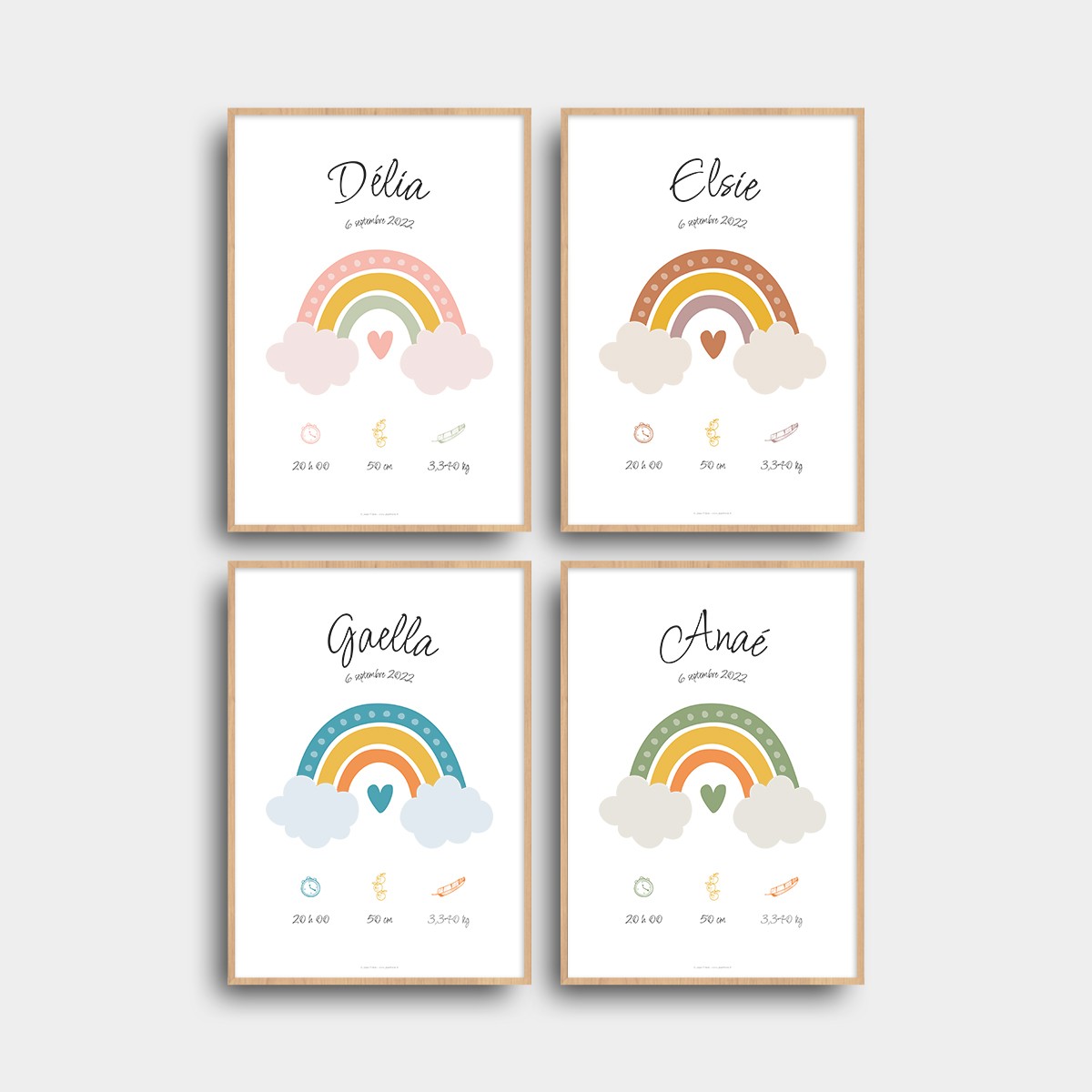 Affiche Arc-en-ciel de naissance à personnaliser et imprimer avec prénom Rose chair JPG (fichier à imprimer soi-même)