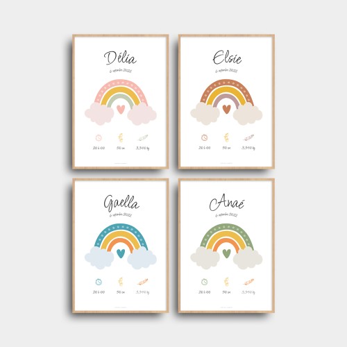 Affiche Arc-en-ciel de naissance à personnaliser et imprimer avec prénom Rose chair JPG (fichier à imprimer soi-même) - Poster personnalisable sur mesure