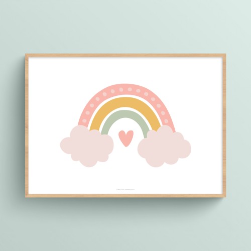 Affiche Arc-en-ciel nuages et cœur pour la naissance de bébé Rose chair JPG (fichier à imprimer soi-même) - Poster personnalisable sur mesure