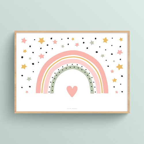 Affiche Arc-en-ciel étoilé et petit cœur pour naissance de bébé Rose chair JPG (fichier à imprimer soi-même)