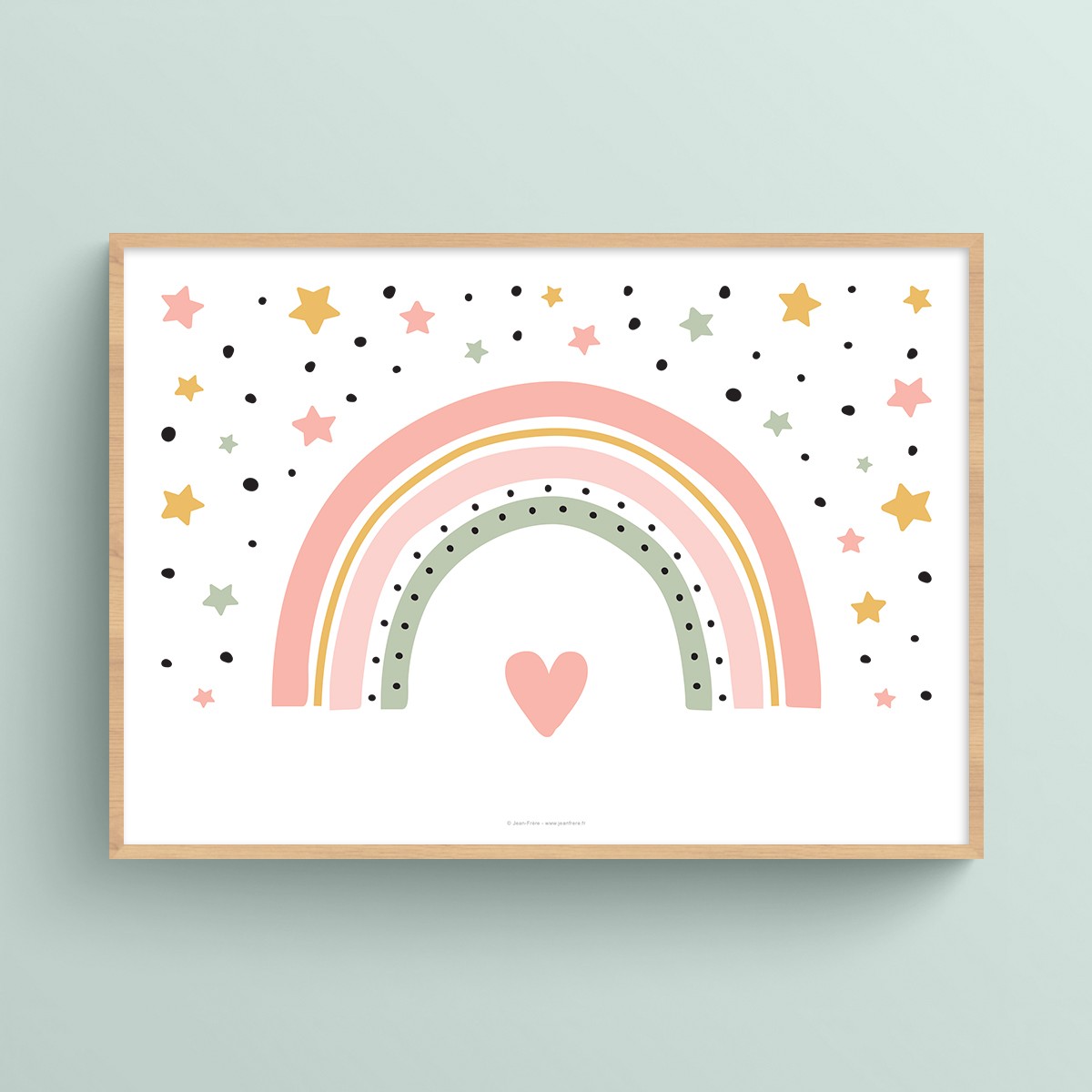 Affiche Arc-en-ciel étoilé et petit cœur pour naissance de bébé Rose chair JPG (fichier à imprimer soi-même)