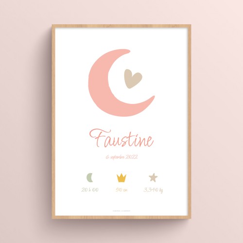 Affiche lune naissance personnalisée avec prénom et date de bébé Rose chair JPG (fichier à imprimer soi-même)