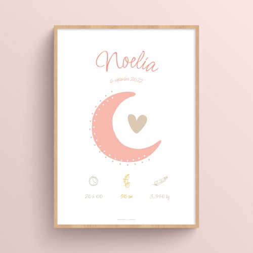 Affiche Lune de naissance à personnaliser pour chambre de bébé Rose chair JPG (fichier à imprimer soi-même)