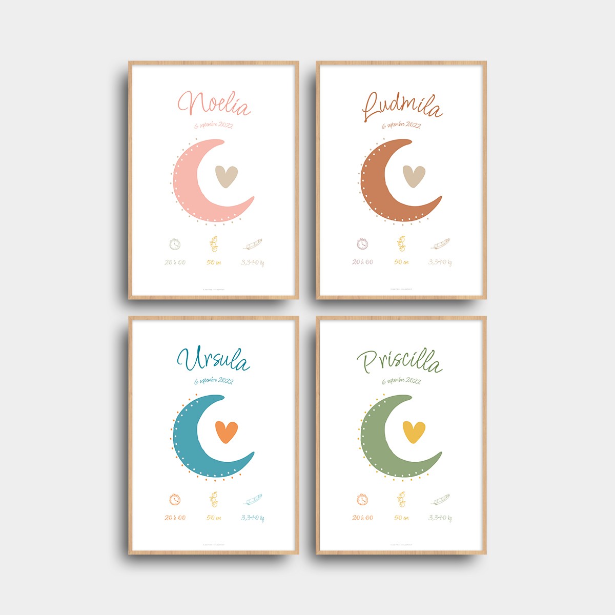 Affiche Lune de naissance à personnaliser pour chambre de bébé Rose chair JPG (fichier à imprimer soi-même)