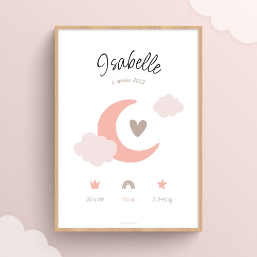 Affiche Lune de naissance personnalisable avec prénom et nuages Rose chair JPG (fichier à imprimer soi-même) - Poster personnalisable sur mesure