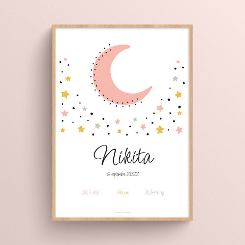 Affiche naissance lune et étoiles personnalisable avec prénom bébé Rose chair JPG (fichier à imprimer soi-même)