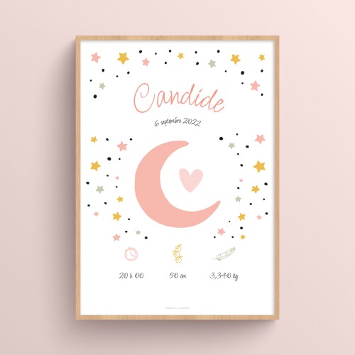 Affiche naissance prénom bébé Lune et ciel étoilé à personnaliser Rose chair JPG (fichier à imprimer soi-même)