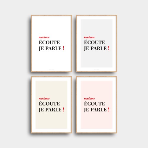 Affiche femme citation humour "madame écoute je parle !" Blanc JPG (fichier à imprimer soi-même)