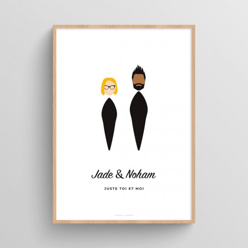 Affiche couple personnalisé avec visages minimalistes Blanc Typo Feutre JPG (fichier à imprimer soi-même)